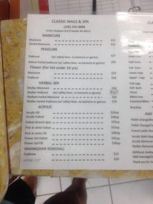 Price list for services; part 2