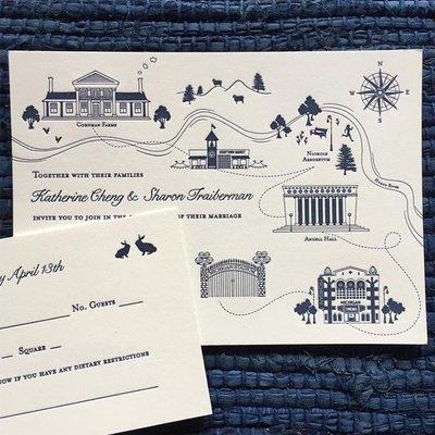 Custom letterpress map wedding invitations.