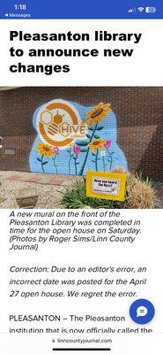 New logo/informal name change from Pleasanton Lincoln Library to HIVE Library.