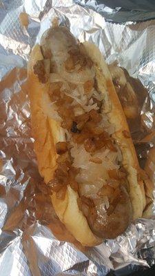 Italian Sausage w/grilled onions & kraut & whole grain mustard! $4.50 Totally fresh & super friendly girls who serve you w/smiles & manners!