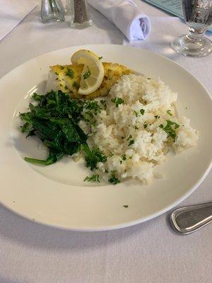 Lemon cod with white rice and spinach