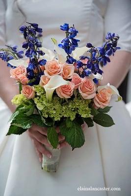 Bridal bouquet blue, green, peach and white