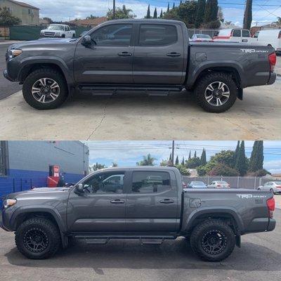 Before and after Method Racing Wheels replacing the stock ones with BFG 265/70/17 and yes, it rubs a little when I turn.  There is no lift.