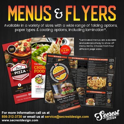 We design & print menus and flyers. Call today!