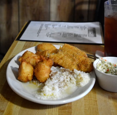 Salt and Pepper Catfish with Rice and Gravy with Slaw