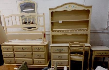 Girls bedroom set. Pretty blue floral design. Full size bed, dresser, mirror, desk, hutch, nightstand. $350.00 set