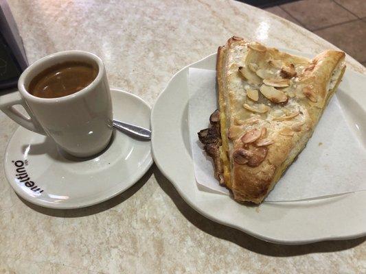 Espresso and jesuita (layered puff pastry with almond and egg cream)