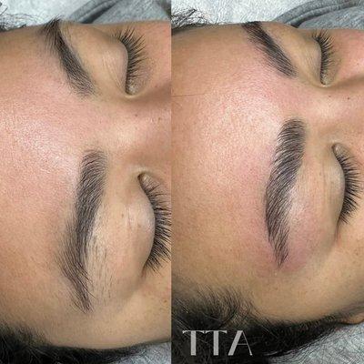 Before and after of a brow lamination