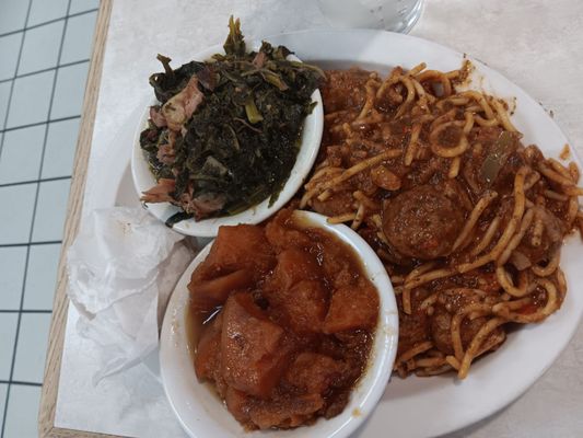 Spaghetti and meatballs,  greens, and yams