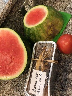 Yummy, ripe watermelon, the best rum cake around, and local tomato. Yum. Yum.