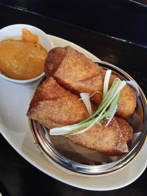 The crazy good shrimp egg rolls and pumpkin dipping sauce.