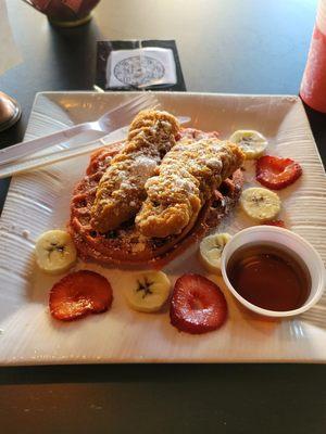 Chicken and red velvet waffle