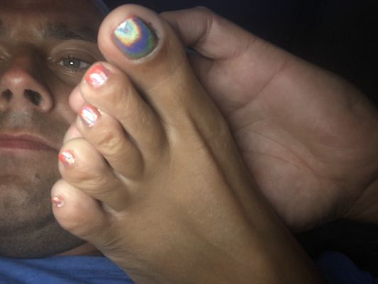 Wife's Toes ! Painted like a 3 year old did it !!