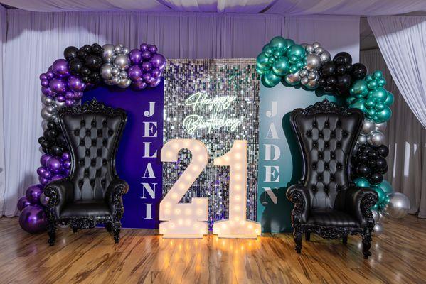 21st Twin Birthday Custom Backdrop with Black Throne Chairs