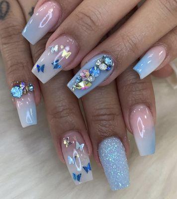 ombre with butterfly and 3D diamonds