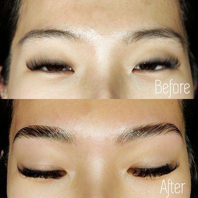 Before and after of brow lamination, shaping and brow tint.