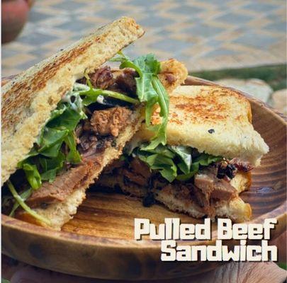 Pulled beef sandwich in sourdough bread