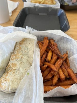 Chicken salad wrap with sweet potato fries