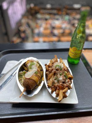 Elote corn dog and chili cheese duck fat fries