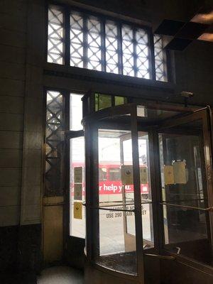 Looking out at Main Street through the front doors.