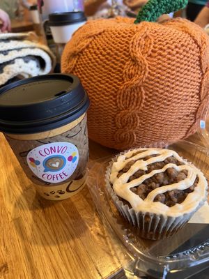 A hot Caramel Banana Latte w/Oat Milk and their New Pumpkin Spice Muffin.