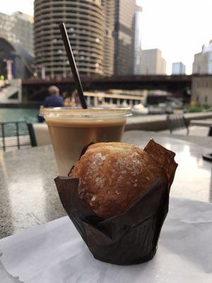 Enjoying a blueberry muffin and 12 oz. iced latte along the River