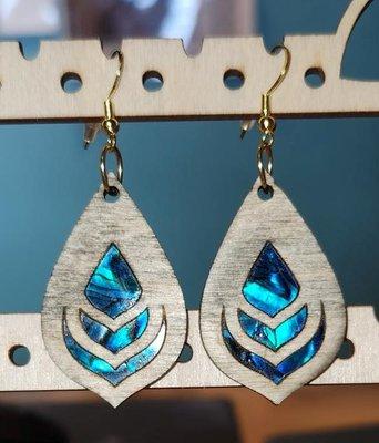 Custom earrings with inlays 3MM Baltic Birch wood. Stained and cleared.