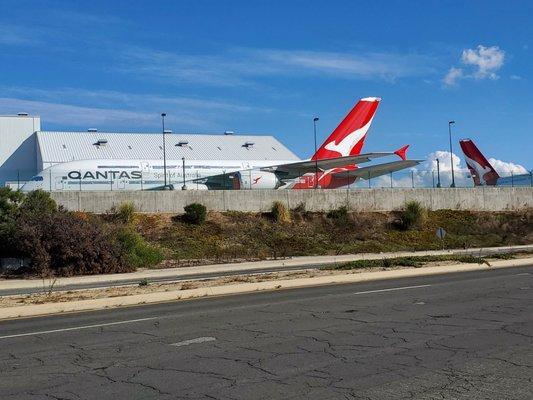 Idle Quantas COVID-19  double decker planes at LAX with windows covered with reflector shields.