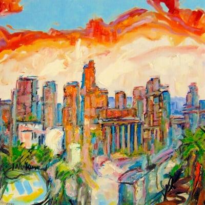 DTLA Skyline Original Oil on Canvas by Artist #TaraKuhnert #HotchkisKuhnertGallery #BeATallPoppy #LosAngeles #DTLA #DowntownLA