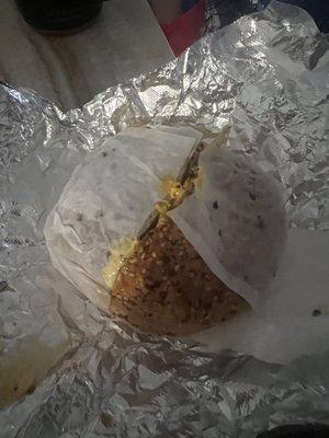 Sausage egg and cheese on everything bagel ($6.35)