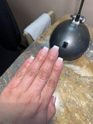 French manicure , white powder , and #101 for the nude area , slightly coffin shaped