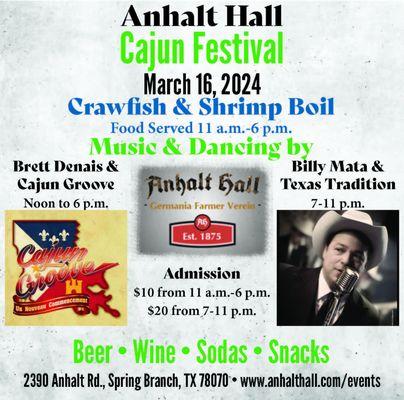 Two events in one day!  Cajun Music & Country Music.  See you on the dance floor!