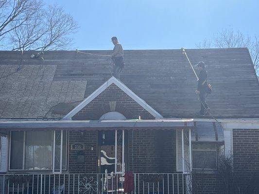 All new decking being installed before the rest of the brand new roof! Customer only paid his deductible!!