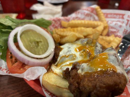 Double dipped chicken sandwich with fries