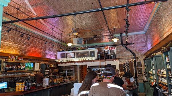 The ceiling is so cool!  I think it's copper tiles.