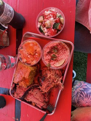 Brisket pulled pork corn bread elotes watermelon salad...we were under a red umbrella hence the "red filter"