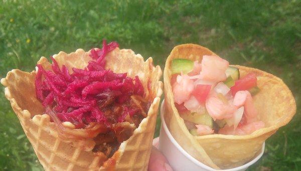 Pulled Pork with Beer Caramel Sauce and Apple Beet Slaw in a Waffle Cone and Shrimp Ceviche in Corn Tortilla Cone