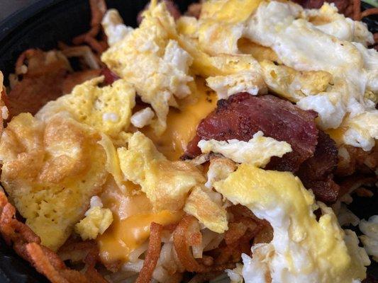 Bacon, egg, and cheese hashbrown bowl