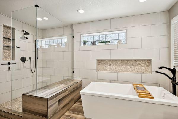 Colorado home bathroom remodel. Spa-like look. Transitional style.