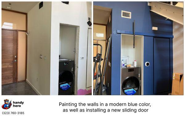 Painting the walls in a modern blue color, 
 as well as installing a new sliding door