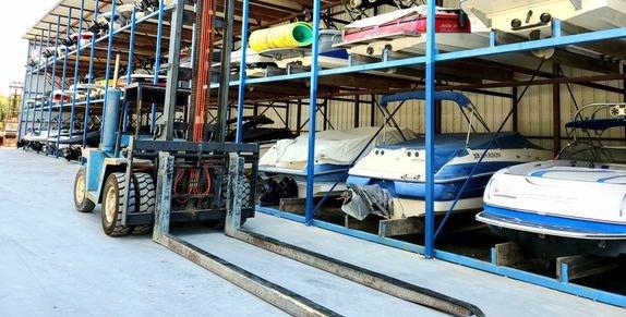 Our Drystack Operates with two heavy duty forklifts, "Blue" pictured here is for mid-size boats.