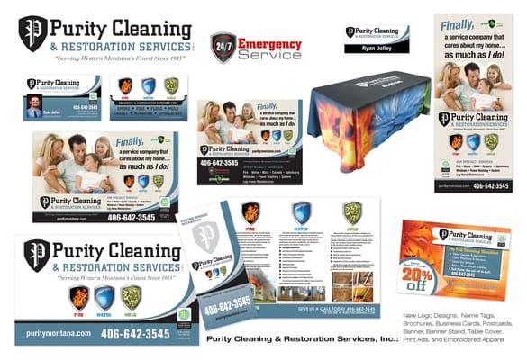 Purity Cleaning Marketing. New logo design, name tags, brochures, business cards, postcards, banner, banner stand, table cove...