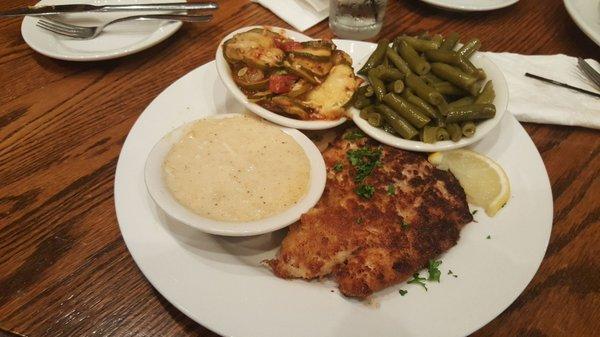 Pan seared rockfish with crab cream sauce, zucchini and green beans.