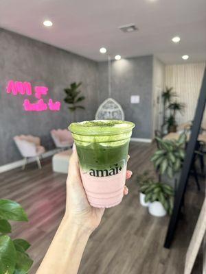 Strawberry matcha with sweet cloud foam