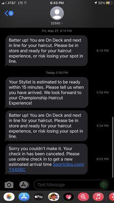 Automated text messages from Sport Clips