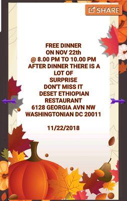 Free Dinner For Thanksgiving #Deset Ethiopian Restaurant Dc  All of you are invited!