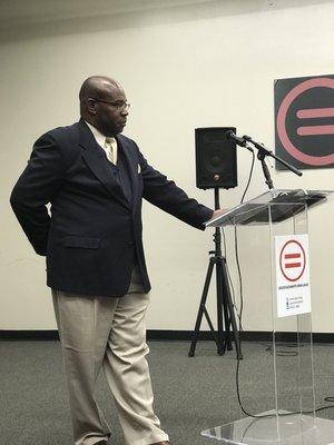 Attorney George Jones moderating a panel of Panelists at the Urban League Nov 2017