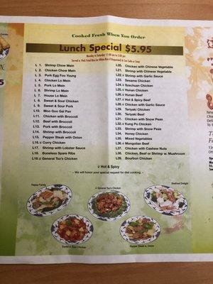 Lunch special menu