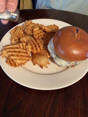 Burger and waffle fries