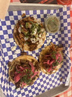 Carnitas Taco, Steak Taco, Pastor Taco